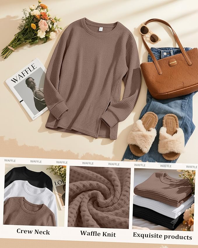 3 Pack Women's Maternity Shirts Long Sleeve Waffle Knit Side Split Oversized Tops Pregnancy Clothes Fall Tees