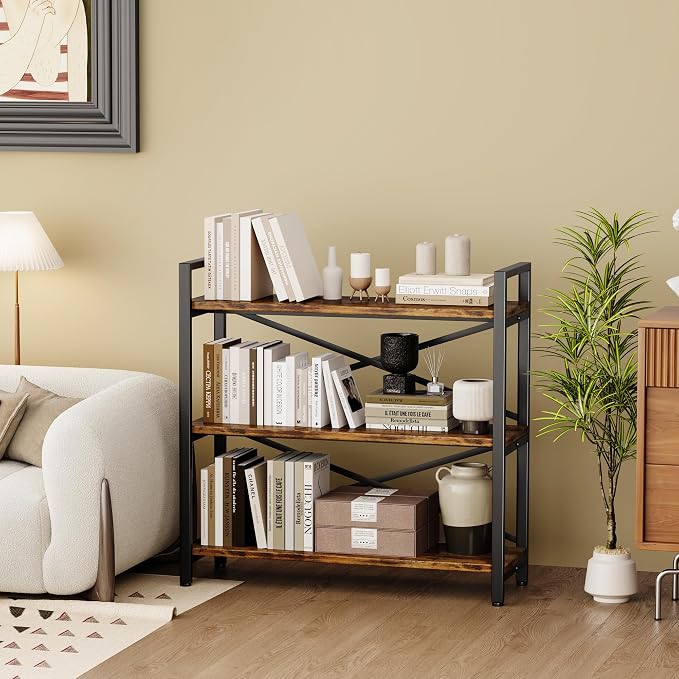 3 Tier Bookshelf 31.49" Width, Wood and Metal Etagere Bookcase, Vintage Farmhouse Modern Wooden Big Book Shelf for Home Living Room Bedroom Office Storage(Rustic Brown)