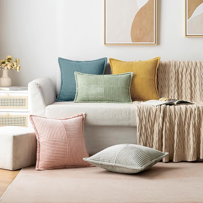 MIULEE Decorative Throw Pillow Covers for Couch 20x20 Inch Dusty Blue | 2 Pack, Boho Broadside Striped Patchwork Pillow Covers, Soft Corduroy Cushion Cases, For Sofa Bed Livingroom Home Decor