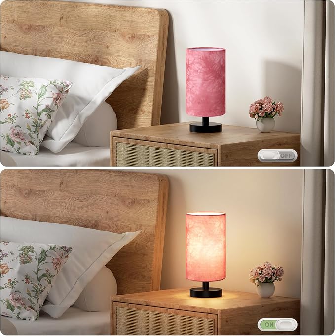 Fenmzee Small Table Lamp for Bedroom - Inline Control, Bedside Lamp with 3000K A15 LED Blub, Easy Assembly (Pink Shade - Black Base, 9" Inline Control)