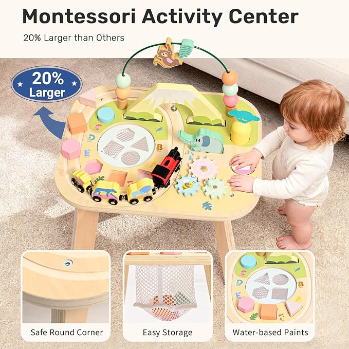 wingyz Activity Table for 1 Year Old Toddler, 9-in-1 Morandi-Colored Wooden Montessori Toys, Baby Play Table with Bead Maze Shape Sorter Train Toy, Educational Gifts for 12 Months+ Kids Boys Girls