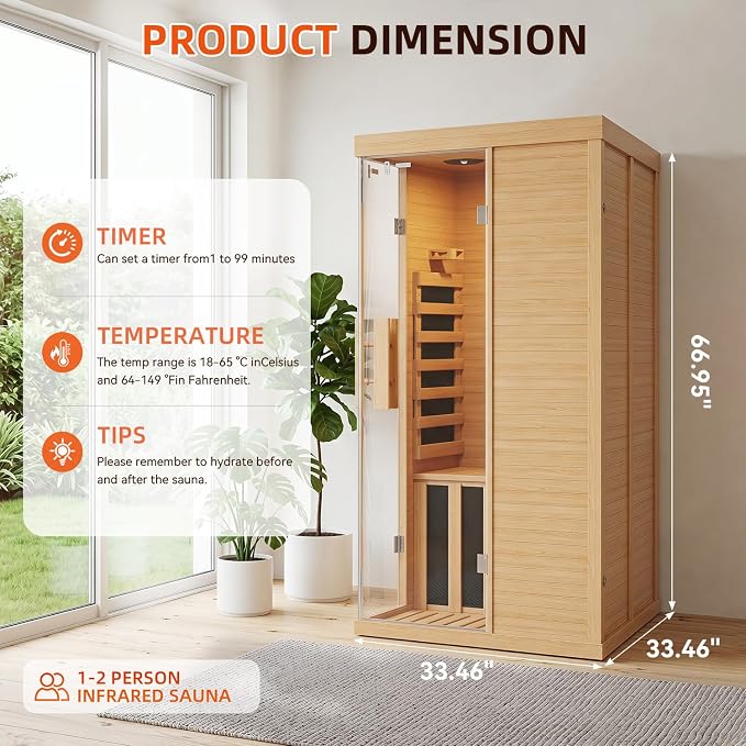 Infrared Sauna for Home, Sauna Spa Room Canadian Hemlock Wood with 10-Color Light , Bluetooth Speakers, Tempered Glass & Control Panel - 149℉ Heating, Indoor Dry & Steam Sauna – 33.5" x 33.5" x 67"