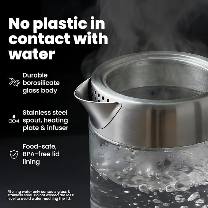 Viante Alba Electric Tea Kettle with Infuser, No Plastic In Contact With Water, 1.5L Borosilicate Glass, 304 Stainless Steel, 4 Temperature Presets, Keep Warm, Cordless, Auto Shut-Off