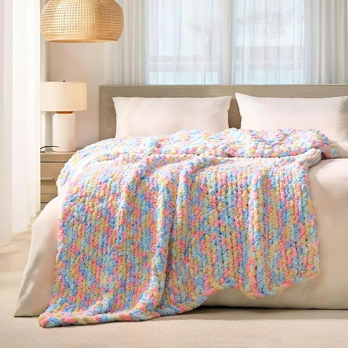 L'AGRATY Chunky Knit Throw Blanket for Couch, 50 x 60 Inches, Rainbow | Handmade Chenille Crochet Blanket for Sofa Bed, Thick Cable Knitted Blankets for Room Home Decor, Birthday Gift for Women Mom