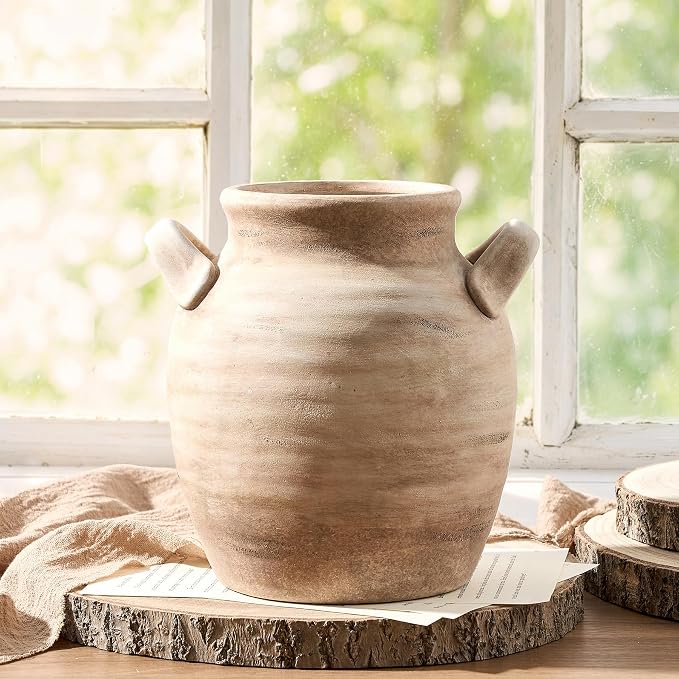 Vanselia Ceramic Flower Vase Home Decor - Farmhouse Table Vases with Handle Living Room Decoration Vintage Decorative Aesthetic for Shelf Coffee Dining Desk House Bookshelf Fireplace (7.1" Rust)