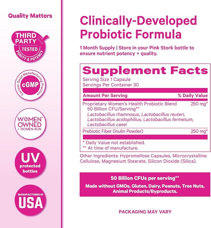 Pink Stork Women's Probiotic, 50 Billion CFU, 30 Count | Clinically Studied Strains, Vaginal, Gut, Urinary + Hormone Support, pH Balance, Yeast & Odor, Probiotic Prebiotic Blend