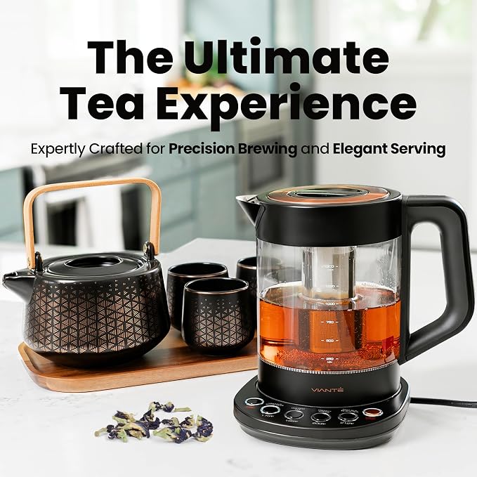 Viante Luxury Tea Set, Electric Kettle with Infuser, No Plastic In Contact With Water, 1.5L Borosilicate Glass, Ceramic Teapot, 4 Ceramic Cups, Bamboo Tray, Gift Box for Tea Lovers