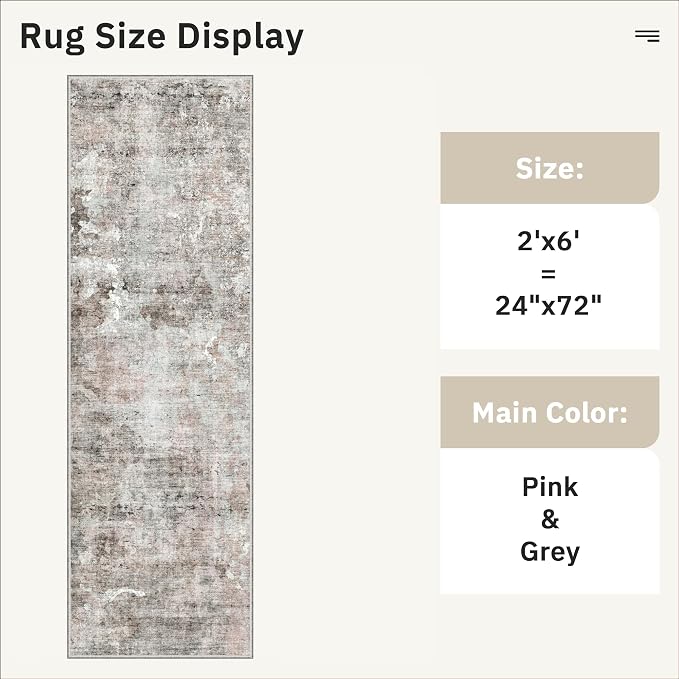 Soalmost Abstratc Runner Rug 2x6 Kitchen Hallway Runners Pink/Grey | Low-Pile Washable Rugs for Entry Bathroom Laundry Room, Vintage Foldable Floor Carpet Mat Entryway for Corridor Bedroom
