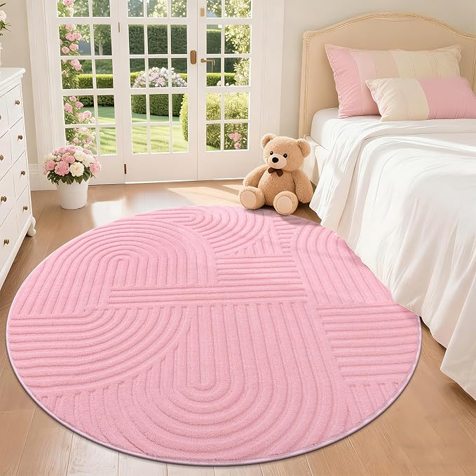 Pauwer 4ft Area Rugs for Living Room, Modern Non Slip Washable Rug, Pink | Arch Pattern, Soft Fluffy, Neutral, Boho Accent, Indoor Round Floor Carpet, For Kids Room Dining Room Nursery Entryway