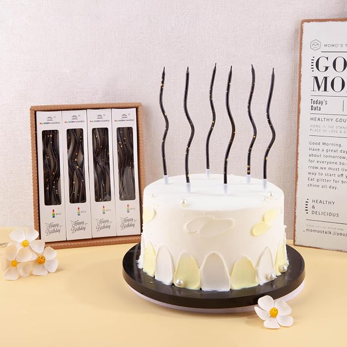 PHD CAKE 24-Count Black Gold Spiral Long Thin Birthday Candles, Cake Candles, Birthday Parties, Wedding Decorations, Party Candles