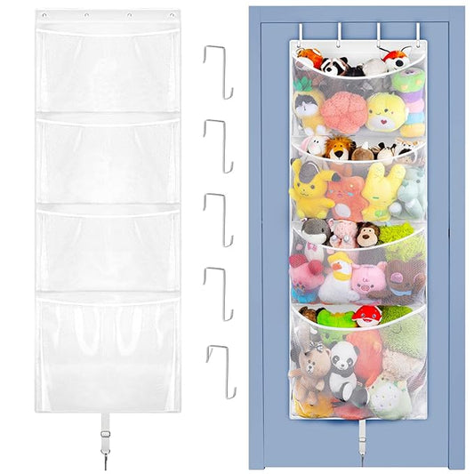 Hanging Stuffed Animal Storage, Over Door Large Plush Toy Organizer with Metal Hook, Baby Accessory Holder Idea for Nursery, Doll & Bear Mesh Hammock Bag for Girl Boy Kid Room