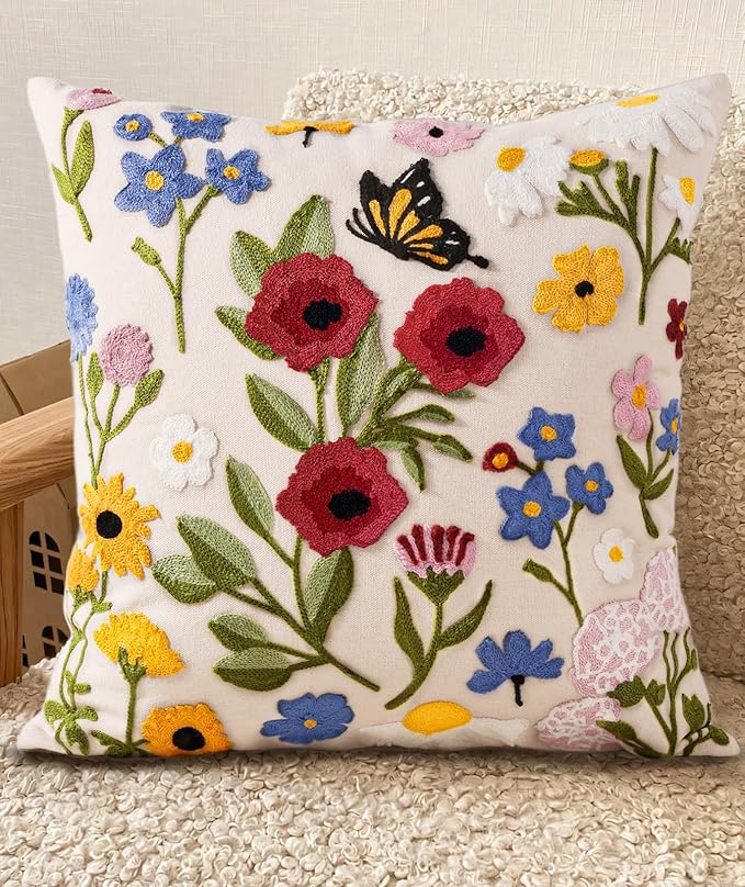 Embroidered Throw Pillow Cover 18x18 Inch, Retro Flower | Decorative Pillow Cover, Vintage Boho Cushion Case with Hidden Zipper, Floral Decor for Couch, Sofa, Living Room, Bedroom