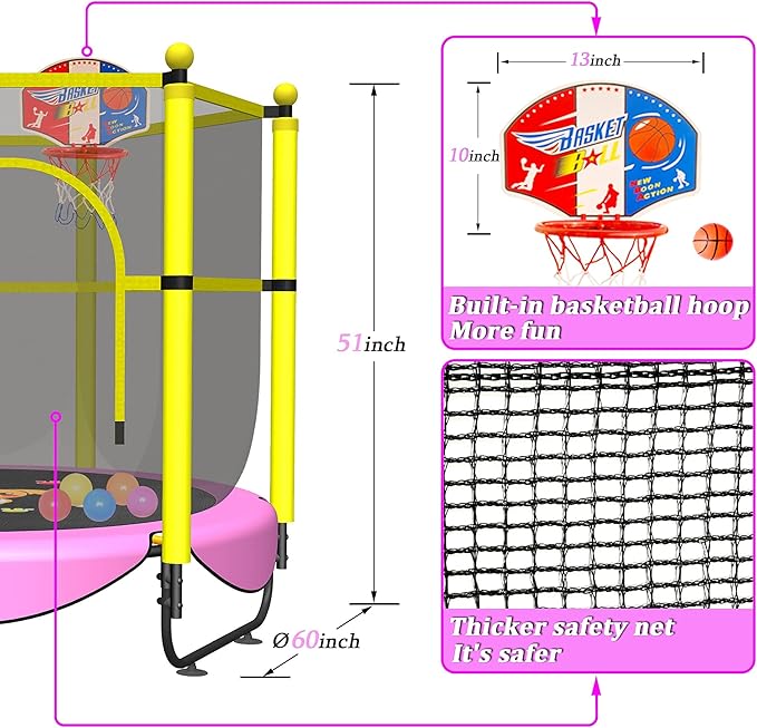 VGMiu 60" Trampoline for Kids, 5 FT Indoor & Outdoor Toddler Baby Trampoline with Basketball Hoop, Safety Enclosure, Birthday Gifts for Kids, Gifts for Boy and Girl, Age 3-8