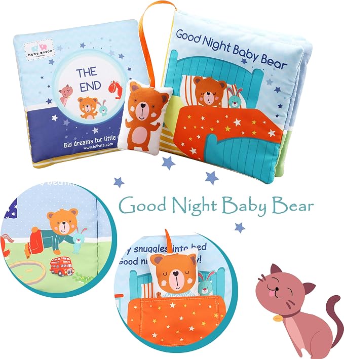Bebe Mondo Teddy Bear Tummy Time Toy with Mirror, Soft Baby Book for 0-3-6-12 Months, Infant Sensory Developmental Toy, Shower Baby Gifts,Activity Quiet Cloth Book for Newborns,1-2 Year Old Book-Night