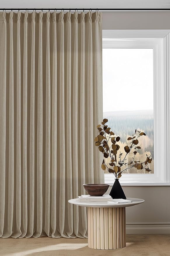 TWODRAPES Grey Beige Pinch Pleated Linen Curtains 92 Inches Long 2 Panels for Living Room Bedroom Memory Training Shaped Semi Sheer Pleat Drapes with Hooks Rings Light Filtering Window Curtain 40x92