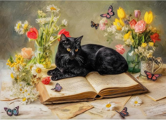 Cat on Book with Flowers Puzzles for Adults 1000 Pieces, Impossible Hard Difficult Challenging Jigsaw Puzzle 1000 Pieces, Christmas Birthday Gifts Home Decor for Adults/Friends/Family
