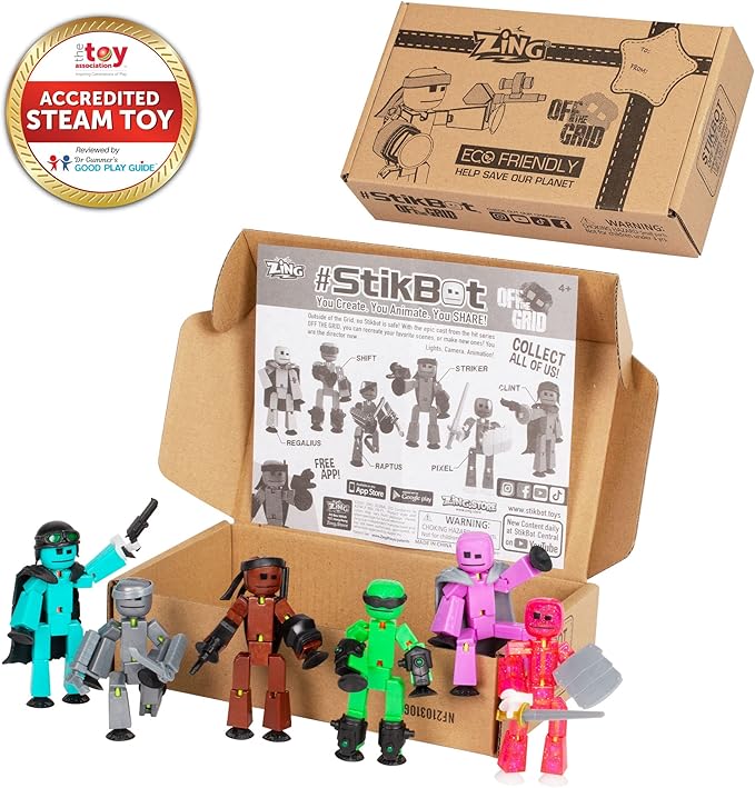 Zing Stikbot Off The Grid Pack - Set of 6 Poseable Action Figures with Weapons and Accessories, Includes Striker, Clint, Pixel, Raptus, Shift and Regalius, Stop Motion Animation, for Ages 4 and Up