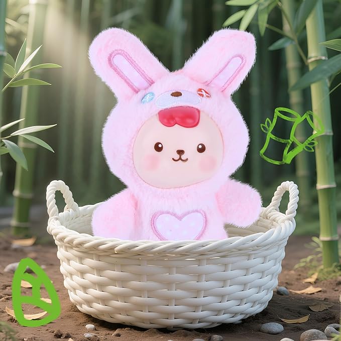 Plush Doll, Plush Figure Toys with Vinyl Face Mentl Keyring Heart Embroidery for Girls Boys, Soft Pink Bunny Vinyl Plushies Figure Stuffed Animals Gift for Collectibles Bag Charm Home Decor Birthday