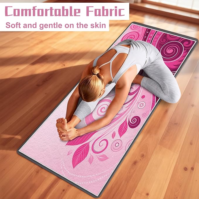 Hot Yoga Towel Non Slip, Ultra-Absorbent Yoga Mat Towel, Soft with Printed Design, Machine Washable, Yoga Pilates Towel Suitable for Exercise, Pilates, Yoga, 72x27in,Pink Plants