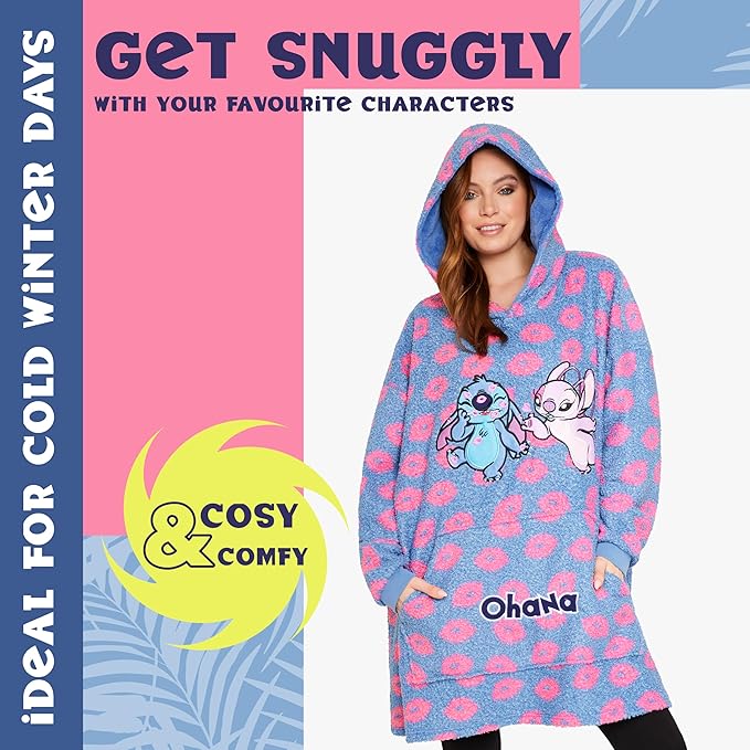 Disney Fleece Hoodie for Adults and Teenagers Oversized Hooded Poncho One Size - Stitch Gifts