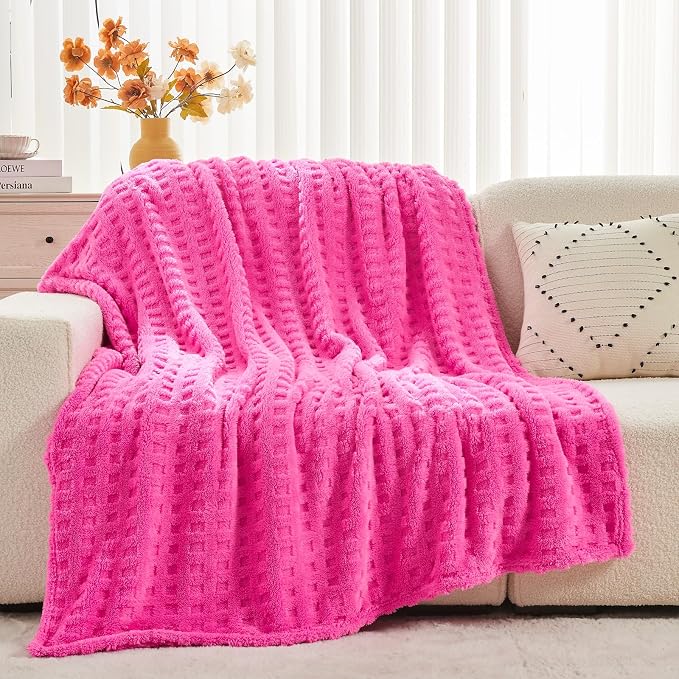 NEWCOSPLAY 3D Waffle Checkered Flannel Throw Blanket, Hot Pink, 50"x70" | Super Soft Cute Lightweight Decorative Premium Silky Fleece Blanket for Couch Sofa Bed, Gift for Women Men, All Season Use