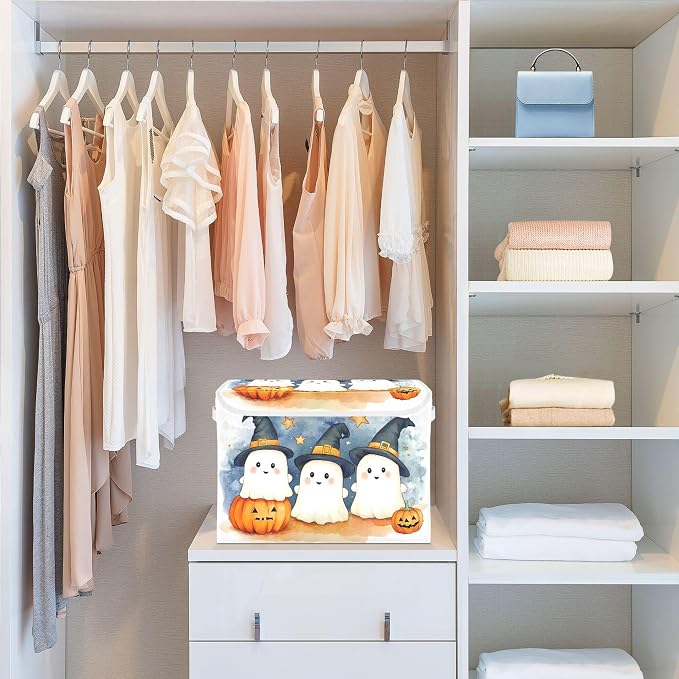 Cute Cartoon Ghosts Storage Bins with Lids and Carrying Handle,Foldable Storage Boxes Organizer Containers Baskets Cube with Cover for Home Bedroom Closet Office