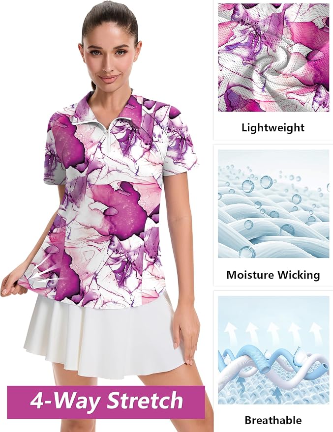 LOMON Womens Golf Polo Shirt Summer Short Sleeve Quarter Zip Outfit | Side-Pockets,Princess Seams,Cotton,Wrinkle Free,Moisture Wicking,Quick-Dry,Lightweight,Collared,for Tennis Workout