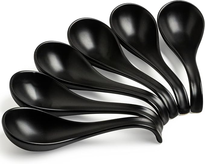 LYEOBOH Soup Spoons, Ceramic Ramen Spoon Set of 6-6.5inch Japanese Spoons | Chinese Spoons with Deep Hook Non-slip, Stackable Korean Spoons Deep for Pho Pasta Cereal, Dishwasher & Microwave Safe, Black