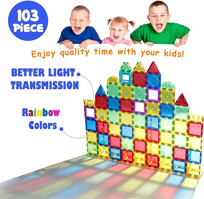 103 PCS Magnetic Tiles for Kids – STEM & Montessori Magnetic Building Blocks for Boys and Girls Ages 3 and Up - Durable & Safe Magnetic Toys Gift Set