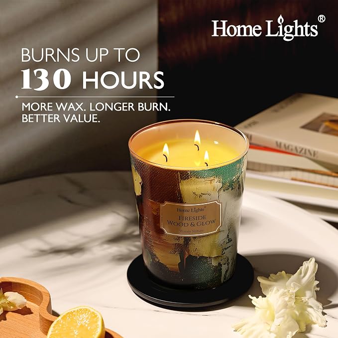 HomeLights 3-Wick Candles for Home Scented - 34oz Soy Wax Blend Candle Long-Lasting Fragrance, Industrial Chic Home Decor and Housewarming Gifts, Fireside Wood & Glow