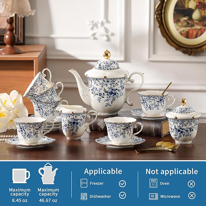 TATSUMI Country Roses Porcelain Tea Set, European Ceramic tea set for adults,Vintage Style, For Women and Tea Parties (BLUE, 21 Pieces Set)