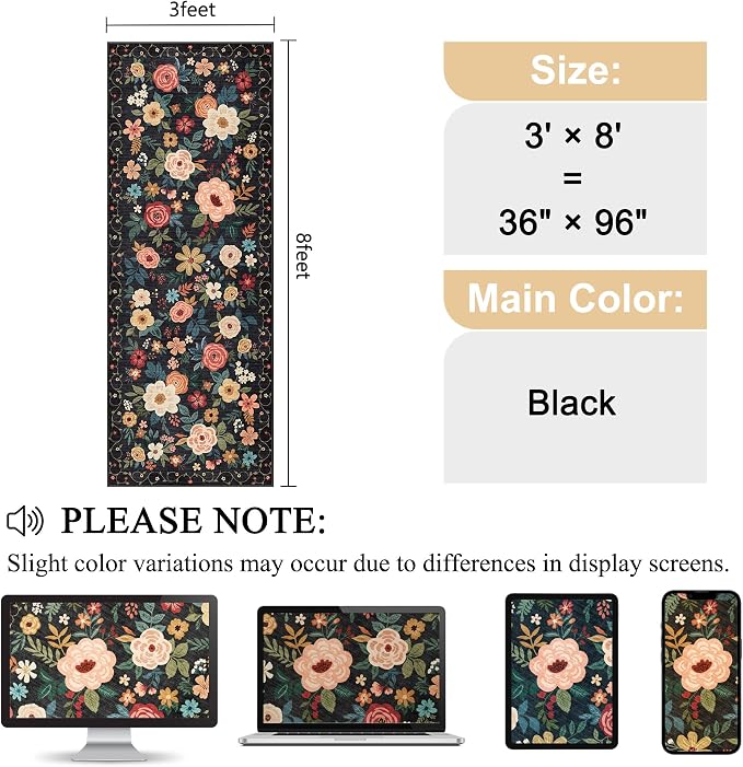 DUKINO 3x8 Kitchen Runner Rug, Washable Rug for Hallway Non Slip, Black | Soft, Low Pile, Floral Indoor Carpet Runner for Hallway, Entryway, Bedroom, Bathroom, Laundry, Pet Friendly, Home Decor