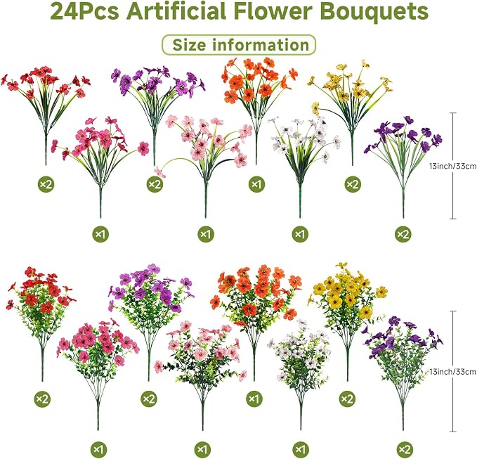 Alupssuc 24 Bundles Artificial Daisy Flowers UV Resistant for Outdoor Decor | Silk & Plastic, Spring Faux Plants Greenery, Bendable Stems, for Porch Patio Hanging Window Planter Yard Outside, 8 Colors
