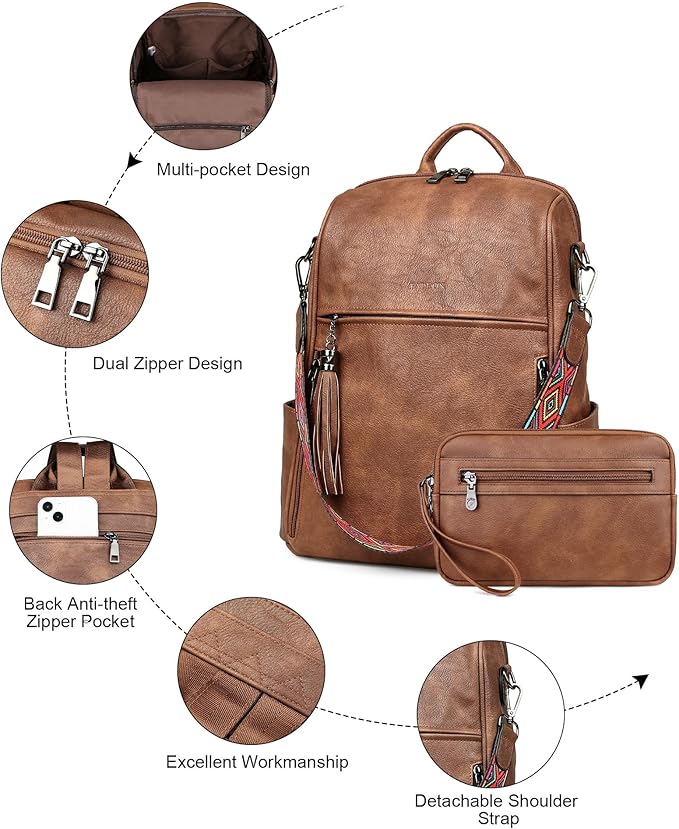 FADEON Leather Backpack Purse for Women Designer Travel Backpack Purses PU Fashion Ladies Shoulder Bag with Tassel