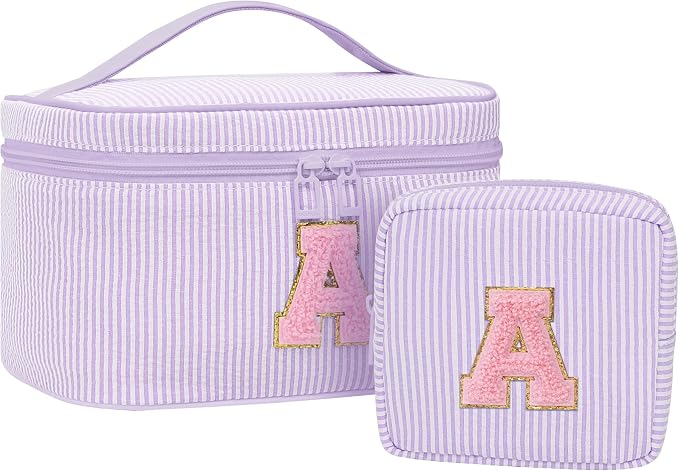 MONSTINA Initial Makeup Bag,Monogram Pouch Easter Basket Gifts for Teens,Personalized Cosmetic Bag for Girls&Women,Cute Letter Make Up Bag,Purple A