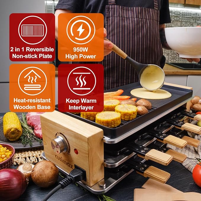 Raclette Table Grill, CUSIMAX Electric Indoor Grill, Korean BBQ Grill, 950W | Removable 2in1 Non-Stick Grill Plate/Temperature Adjustable/8 Cheese Pans & Wooden Spatulas/Wooden Base/Double-layer Design