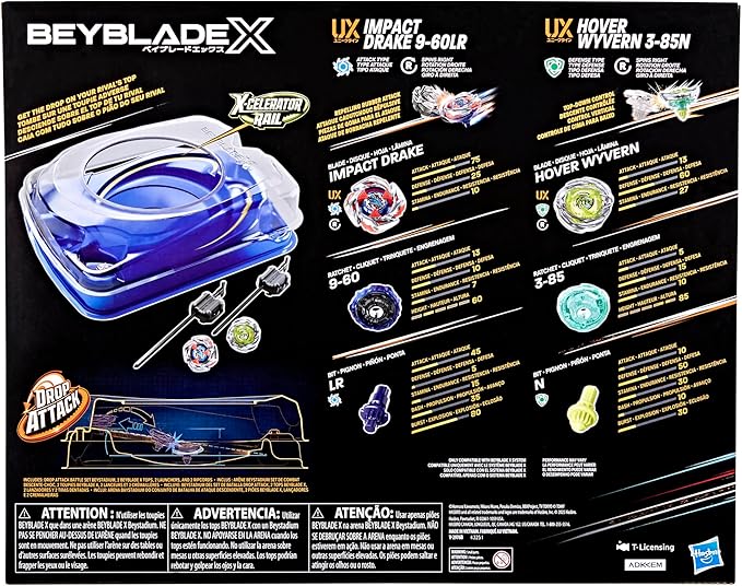 Beyblade X Drop Attack Battle Set with Beystadium Arena, 2 Takara Tomy Tops & Launchers, Impact Drake 9-60LR & Hover Wyvern 3-85N, Battling Game Toys, Ages 8+