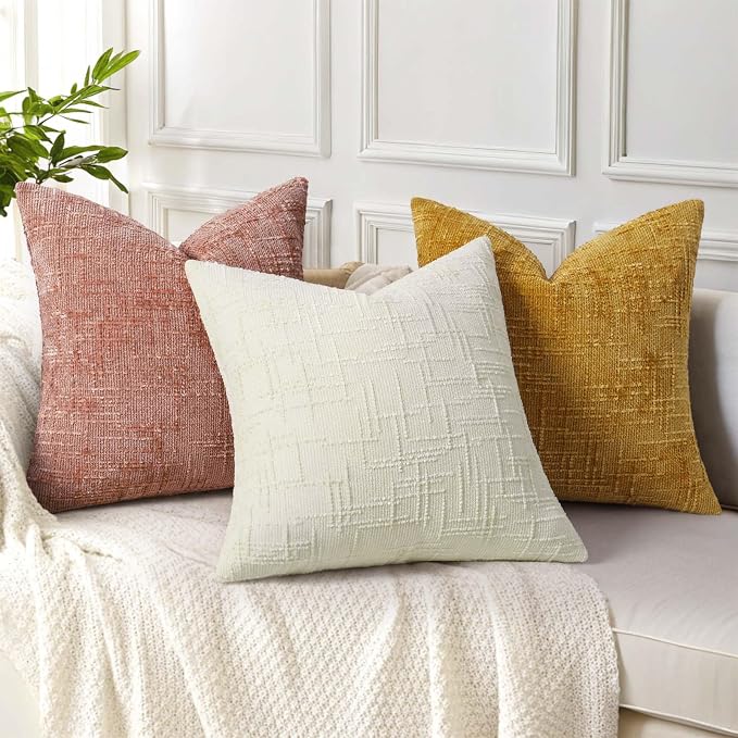 decorUhome Textured Chenille Throw Pillow Covers 20x20 Set of 2 Pink | Fall Modern Farmhouse Soft Cozy Slubby Couch Pillow Cases Boho Decorative Pillow Cases for Bed Sofa Living Room Home Decor