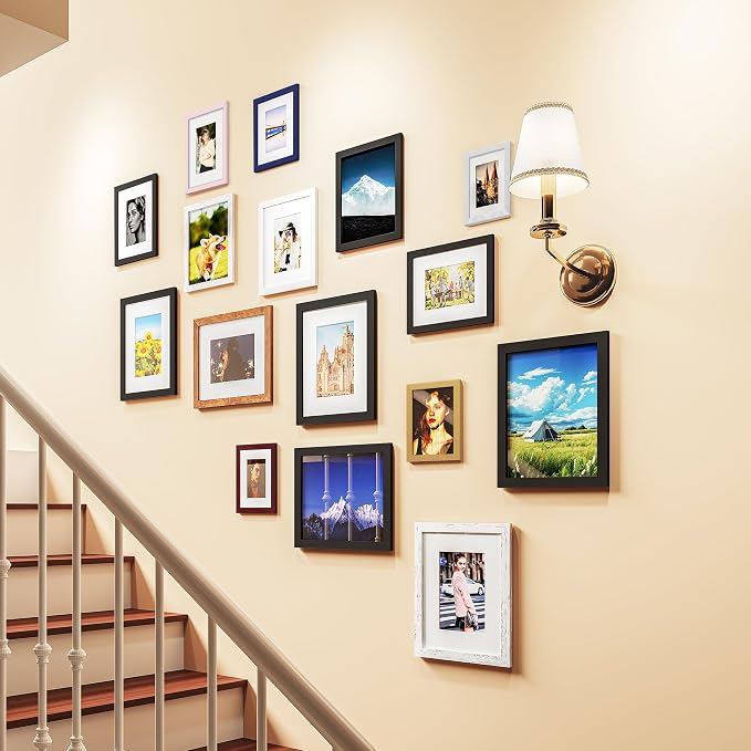 Picrit 12x12 Picture Frame Set of 12, Display 8x8 with Mat or 12 x 12 without Mat, Photo Frames for Wall Mounting Display, Dark Red Wood