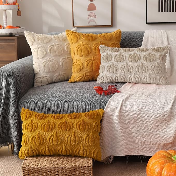 DFXSZ Fall Pillow Covers 12x20 2Pcs Beige Pumpkin Fall Decorations for Home | Fall decor Set of 2 Throw Pillow Cases Soft Plush Faux Fur Wool Couch Cushion for Chair Sofa Bedroom Living Room Home Decor