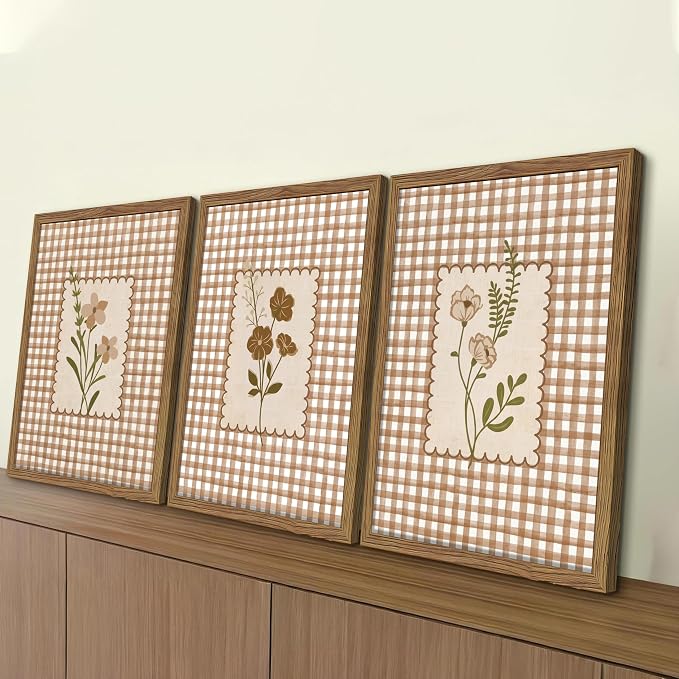 Framed Vintage Floral Wall Art Set of 3, Neutral Wildflower Botanical Canvas Wall Decor Paintings, Cottagecore Gingham Flower Posters Prints Pictures for Living Room Bedroom Bathroom 16x24 Inch