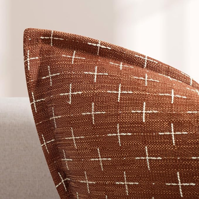 Fall Pillow Covers 24x24 Set of 2 Soft Polyester Textured Rust Pillow Covers with Stylish Flange Edge Cozy Farmhouse Throw Pillows for Couch Bed Sofa Living Room Fall Decor