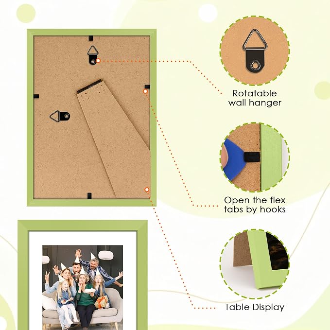 FIXSMITH 5x7 Picture Frame Set of 2, Green Photo Frame with HD Plexiglass, Display Pictures 4x6 with Mat or 5x7 Without Mat Multi Picture Frames Collage for Tabletop or Wall Display