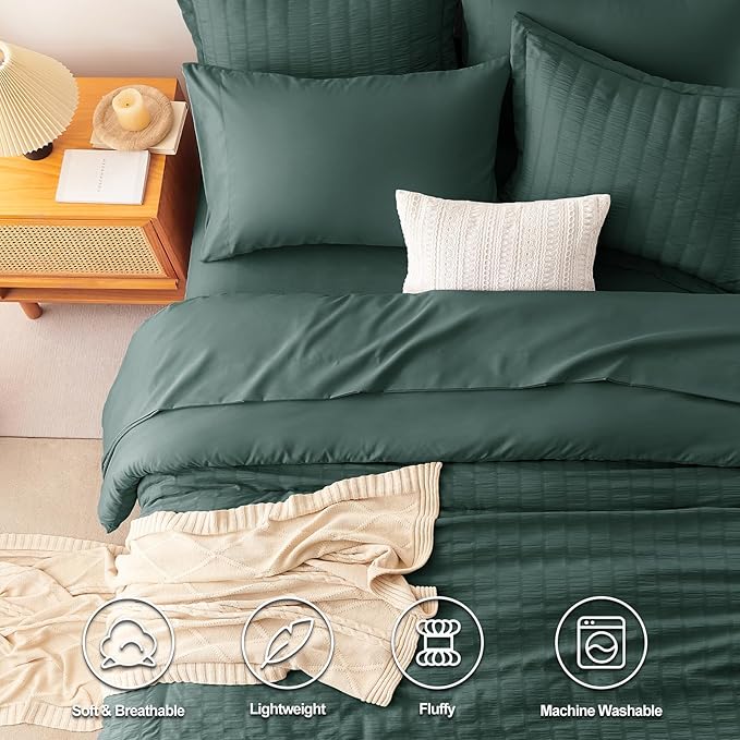 CozyLux Twin XL Comforter Set with Sheets Seersucker Forest Green 5 Pieces Bed in a Bag, Twin Extra Long Luxury Bedding Sets for College Dorm with Down Alternative Comforter, Sheets, Pillowcase & Sham