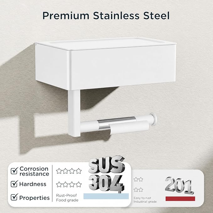 FORIOUS Toilet Paper Holder with Shelf, Sanitary Napkin Receptacle Tampon Holder, Wall Mount Toilet Paper Holder with Storage, Flushable Wipes Dispenser Fits for Bathroom Commercial(1, White)