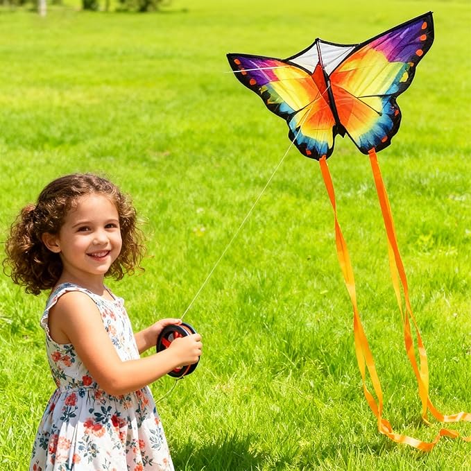 Simxkai Butterfly Kite for Kids & Adults, Easy to Fly Blue Big Kite for Beginners, Line Handle Included (1Pack 2Pack)