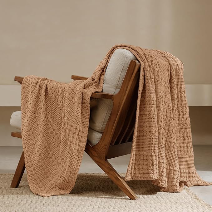 PHF 100% Cotton Waffle Weave Throw Blanket, Lightweight Breathable Summer Blanket for Couch Sofa, Pre-Washed Soft Throws for Bed, Office, Travel & Stylish Home Decor, 50"x60", Clay