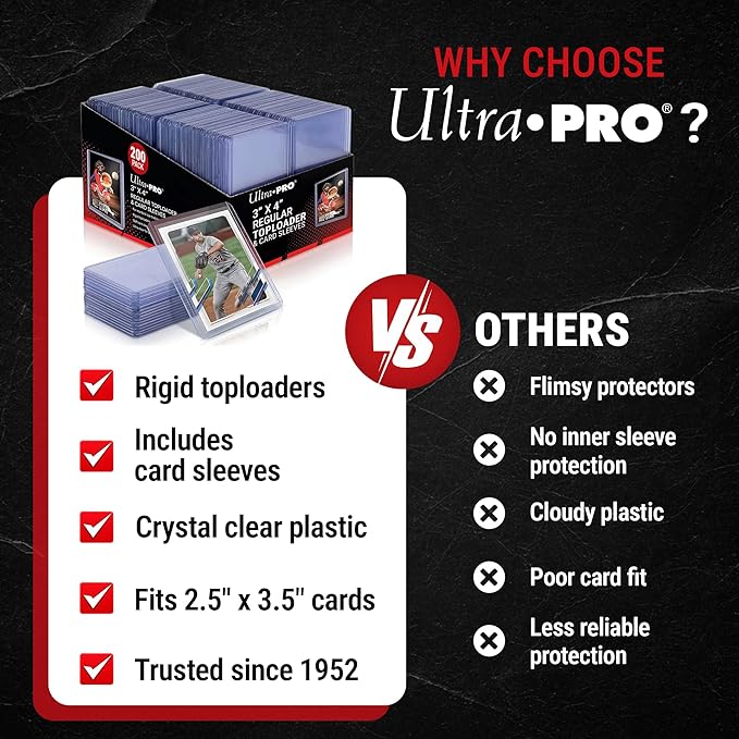 Ultra PRO 3" x 4" Clear Regular Toploaders for Cards with Card Sleeves Bundle Standard Size 200ct Trading Baseball Toploader Card Sleeve Protectors