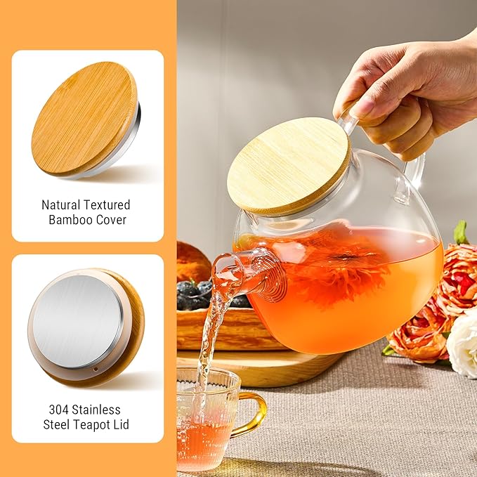 PARACITY Glass Teapot Stovetop, Borosilicate Clear Tea Kettle with Removable 18/8 Stainless Steel Infuser, Teapot Blooming and Loose Leaf Tea Maker Tea (transparent, 34oz-bamboo lid)