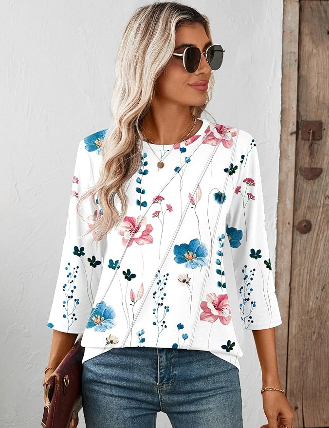 LOMON 3/4 Length Sleeve Womens Tops Spring Summer Fashion 2026 Tops Crew Neck Pleated Shirts Tunic Top Loose Fit